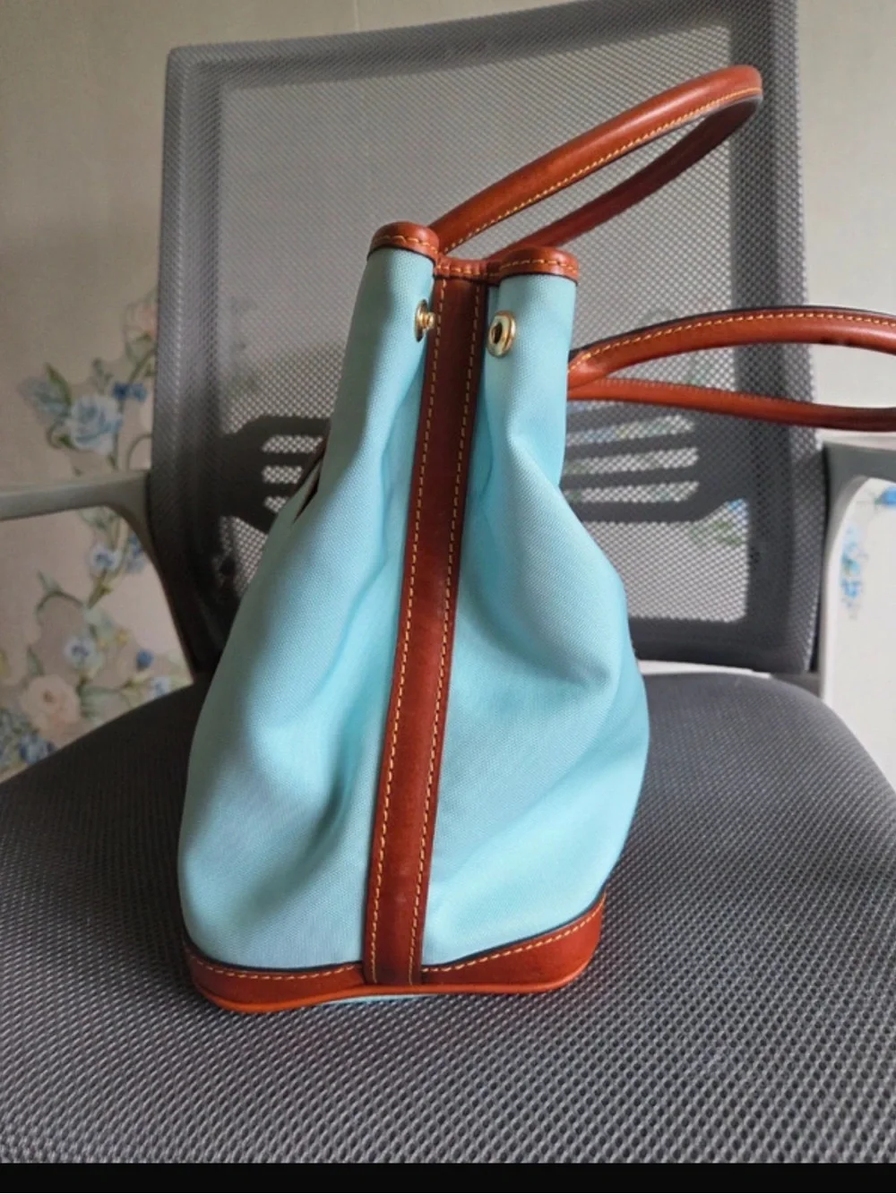 Dooney & Bourke Aqua Tote with Brown Leather Trim
